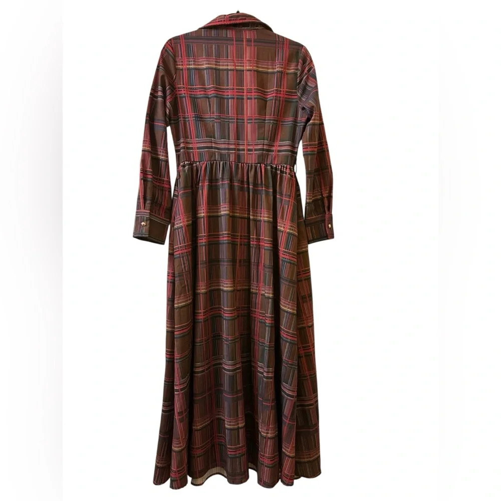 Oyrosy Retro Ethnic Style Lapel Reddish Brown Plaid Maxi Dress size S - Picture 5 of 11